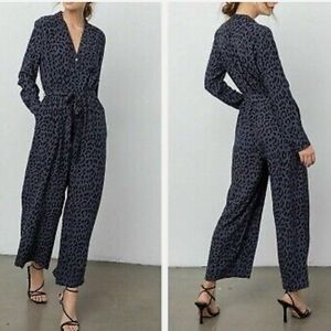 Rails Callan Azure Leopard Jumpsuit Wide Leg Button Front Small